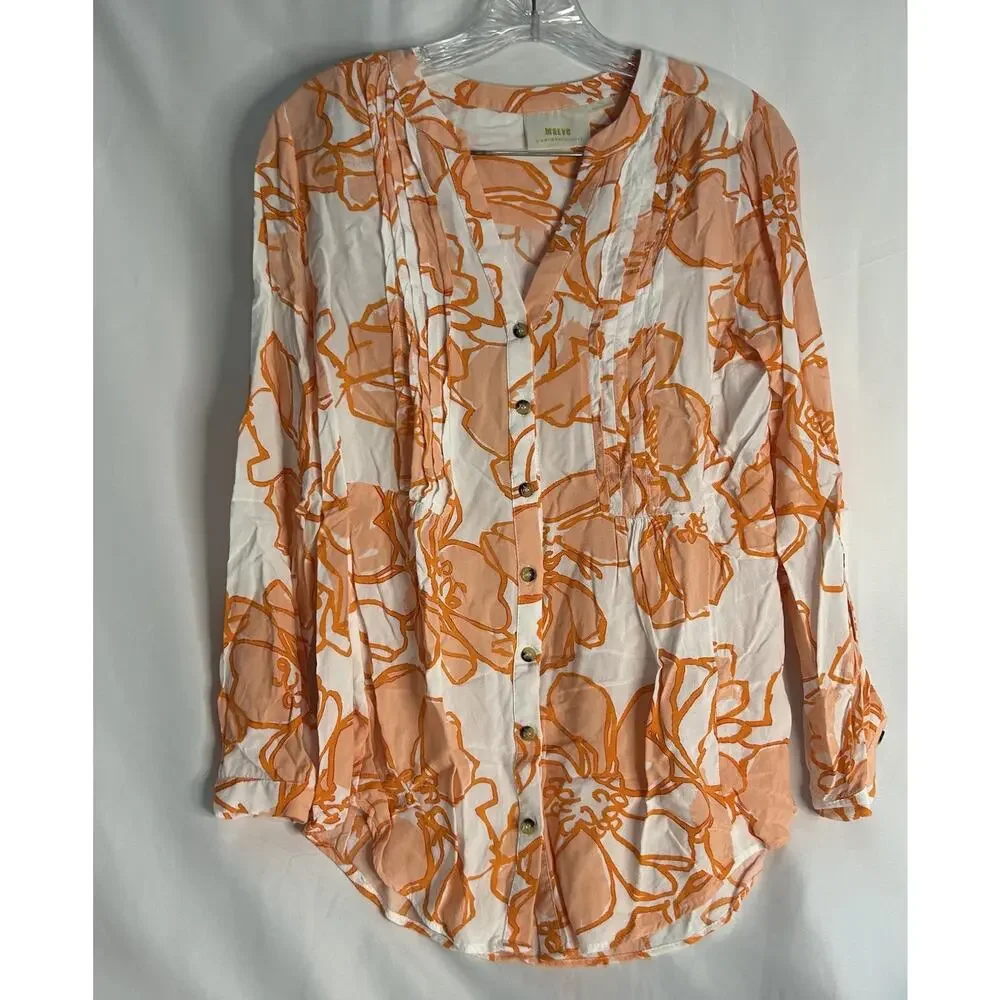 Maeve Anthropologie Floral Pintucked Button Front Blouse White And Orange Small - Picture 2 of 7